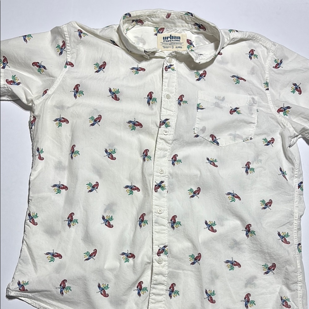 Urban Pipeline White Casual Button Down Shirt with Playful Colorful Parrot Print